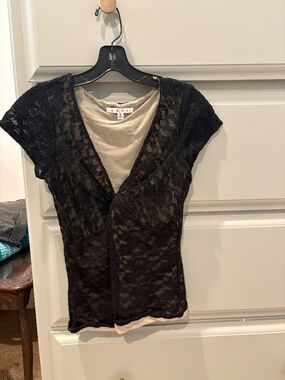 Cabi Black Lace Faux Wrap Blouse | Nude Lined | Size Small